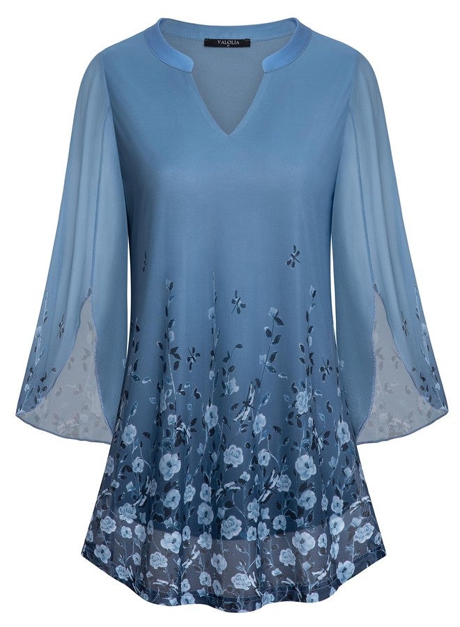 VALOLIA Women's Layered Tops, Wedding Shirts for Women, Blouse for Women Plus Size V Neck Print Tunics Tops for Womens Loose Fit Dressy 3/4 Sleeve Shirts Trendy Multi Blue XXX-Large - Image 1